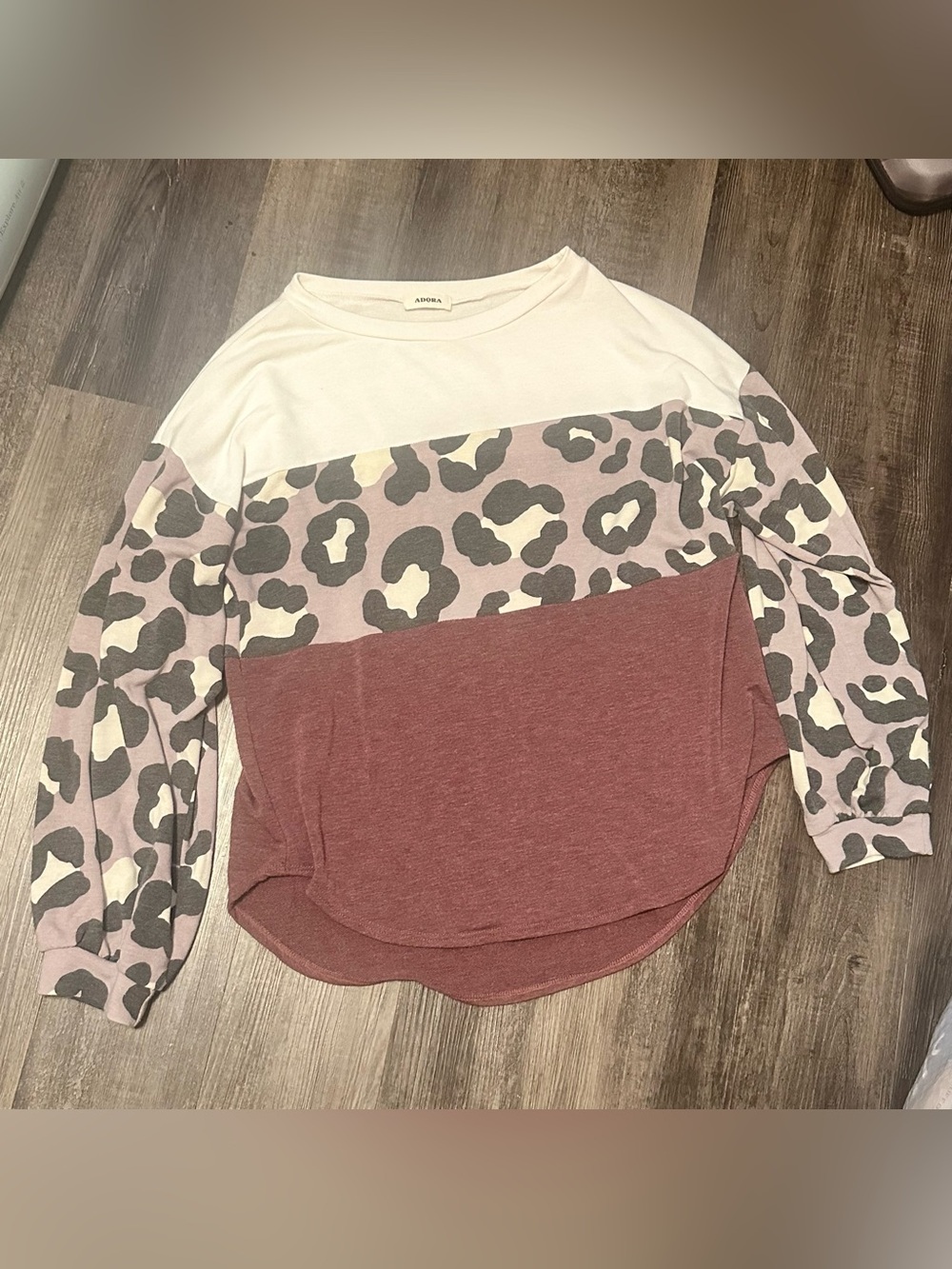 ADORA Mauve Leopard Colorblock Long Sleeve Top with Cream Yoke